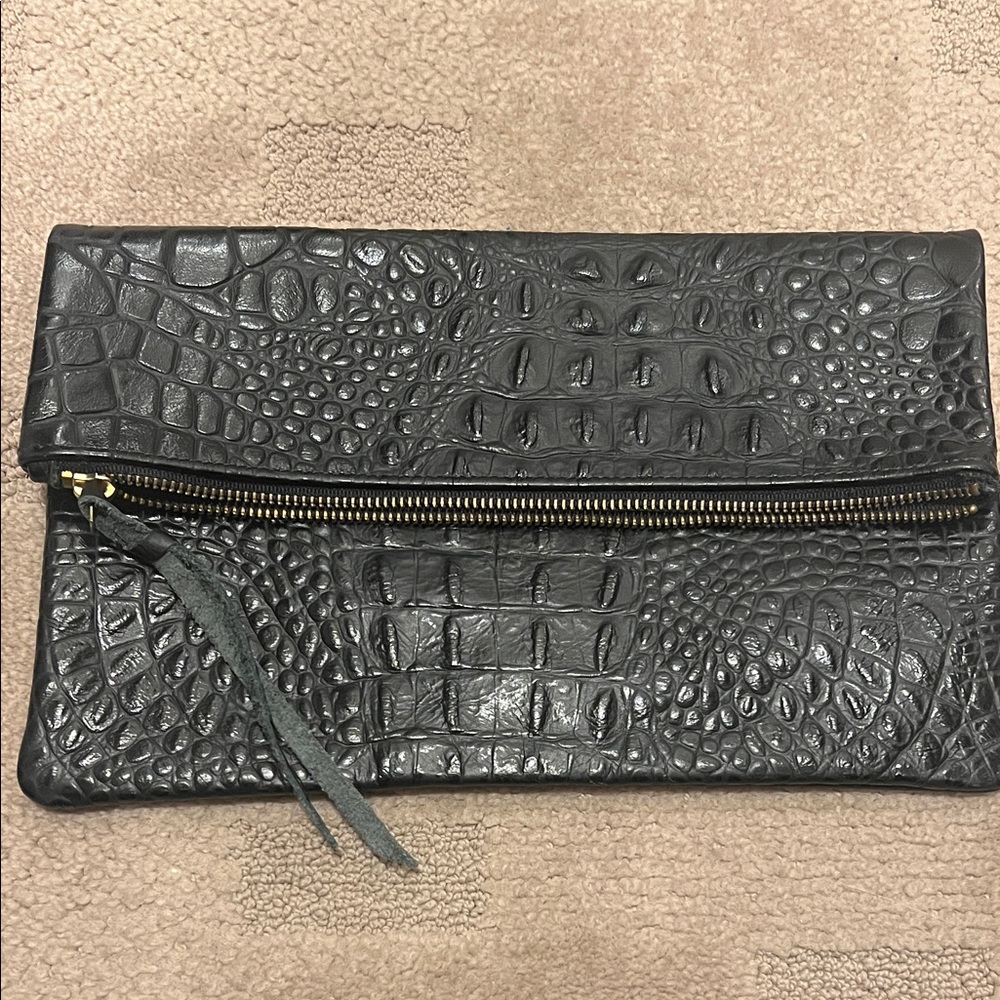 Elegant Black Crocodile-Embossed Clutch
